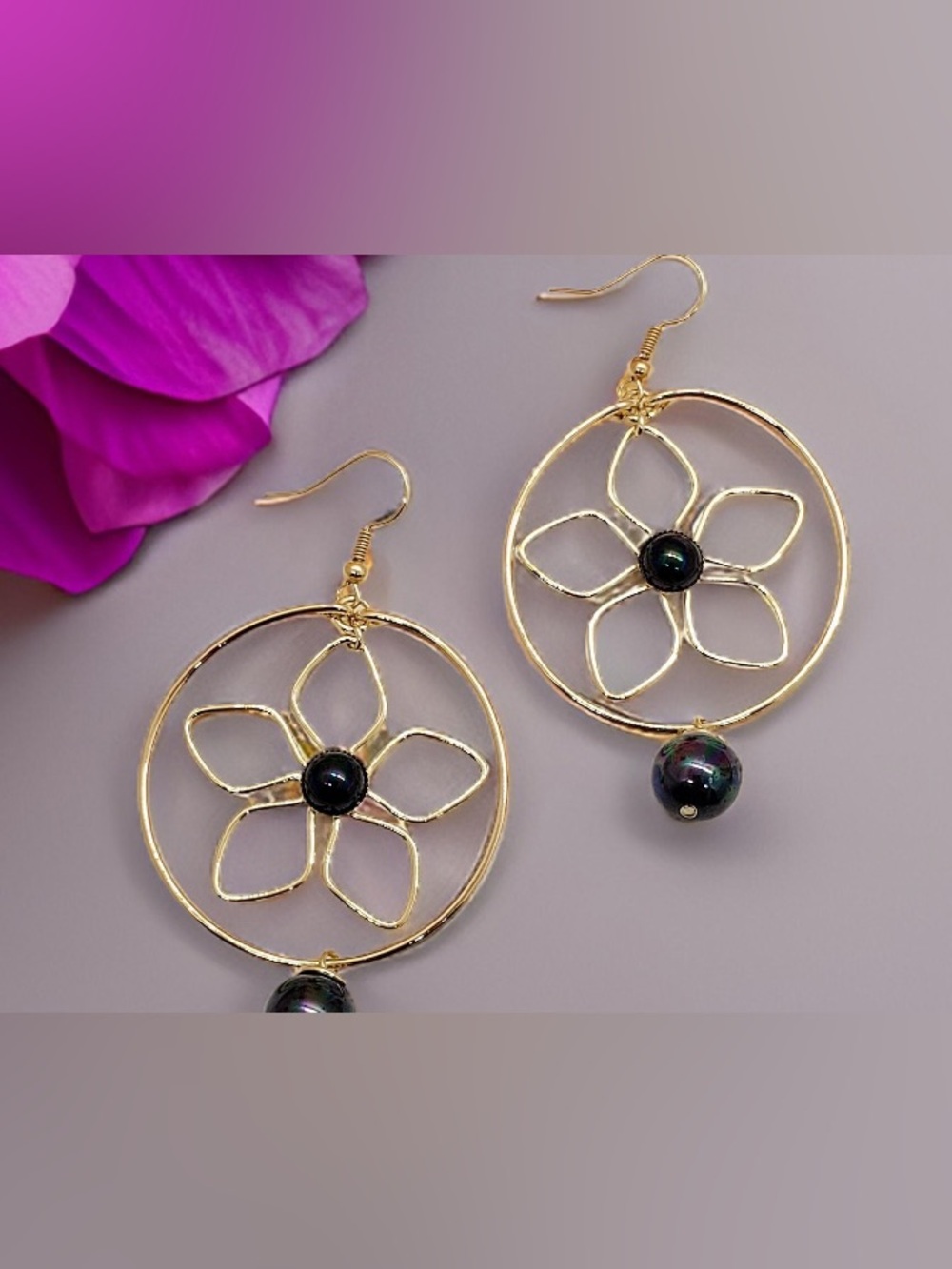 Gold Floral Hoop Drop Earrings with Black Beads